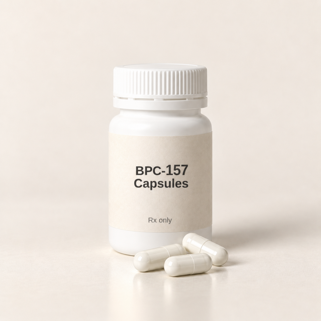 BPC-157 Capsules pharmacy capsule bottle with capsules, Rx only