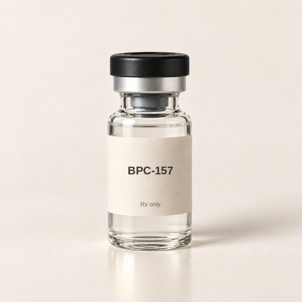 BPC-157 ready-to-use liquid vial with a cream label, Rx only