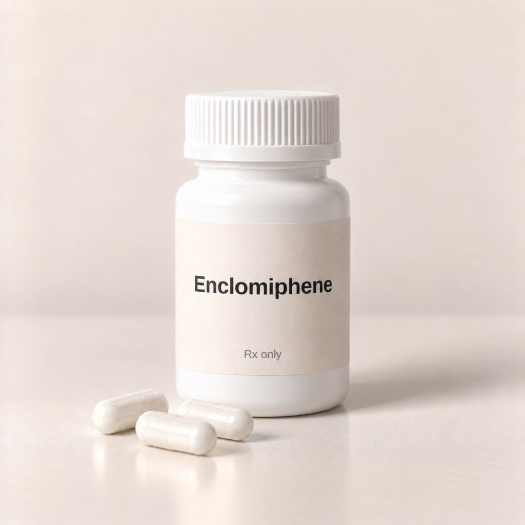 Enclomiphene pharmacy capsule bottle with capsules, Rx only