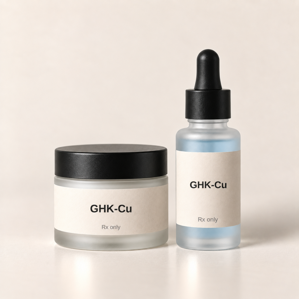 GHK-Cu cream jar and serum bottle with cream labels, Rx only
