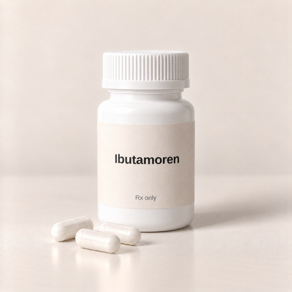 Ibutamoren pharmacy capsule bottle with capsules, Rx only