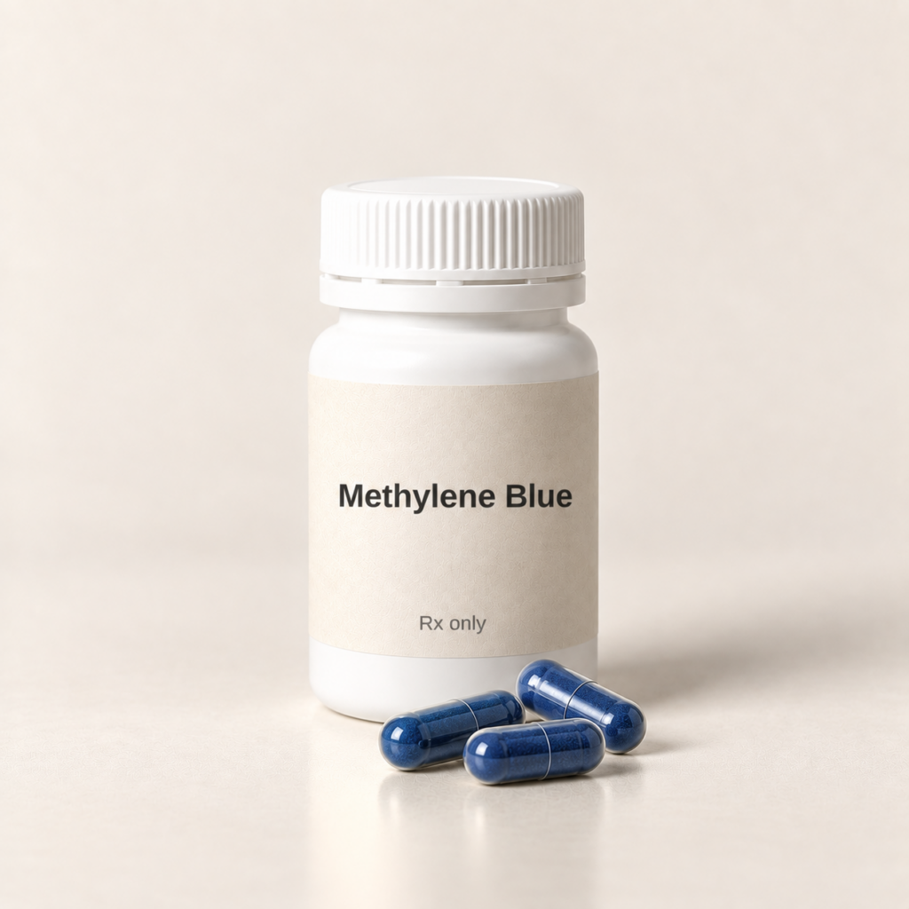 Methylene Blue pharmacy capsule bottle with blue capsules, Rx only