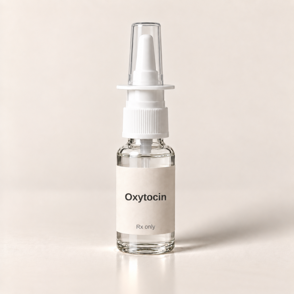 Oxytocin nasal spray bottle with a cream label, Rx only