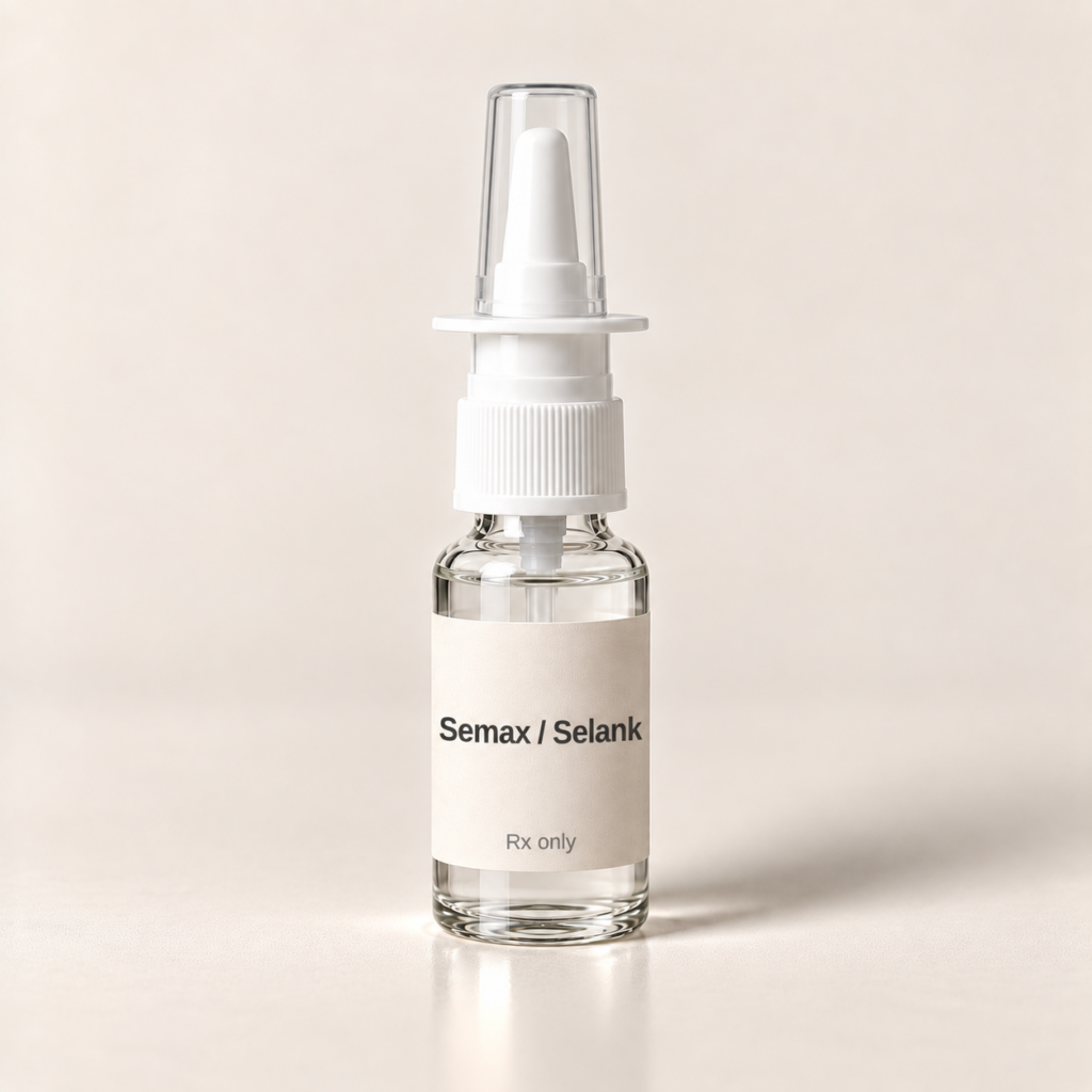Semax / Selank nasal spray bottle with a cream label, Rx only