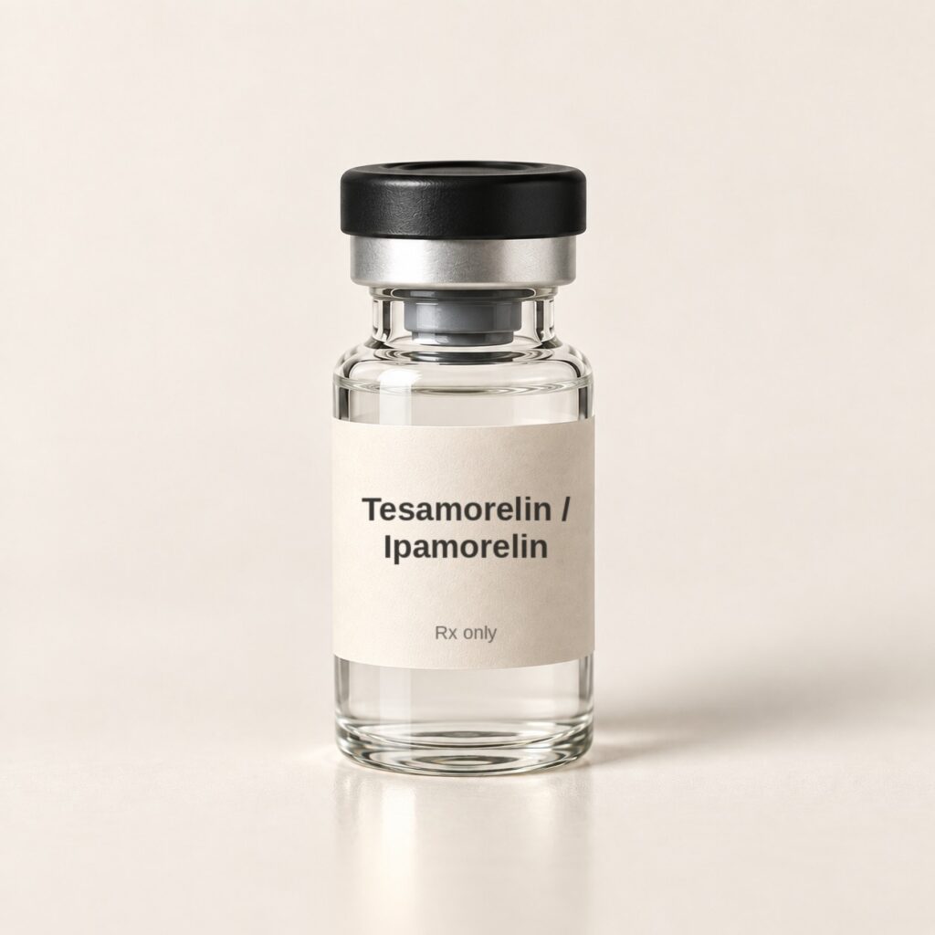 Tesamorelin / Ipamorelin ready-to-use liquid vial with a cream label, Rx only