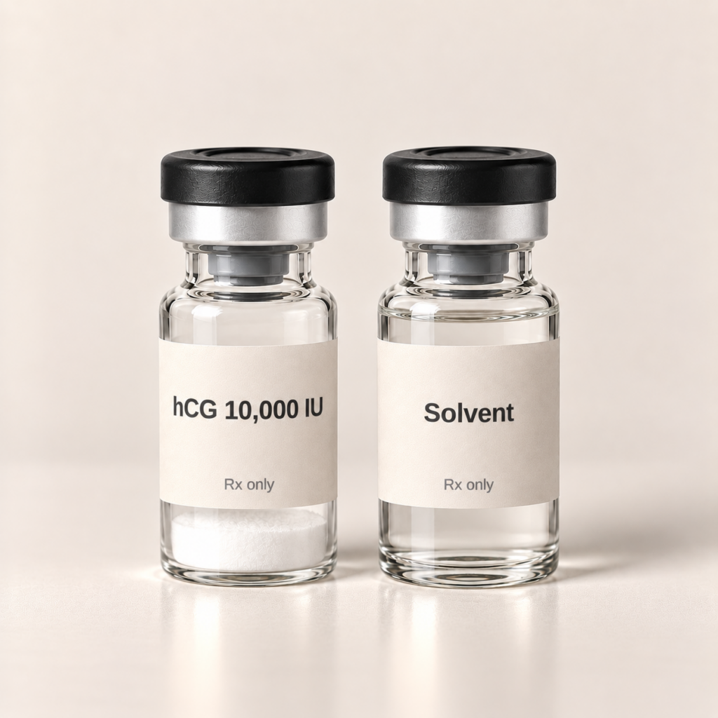 hCG 10,000 IU powder vial beside a vial of clear solvent, Rx only